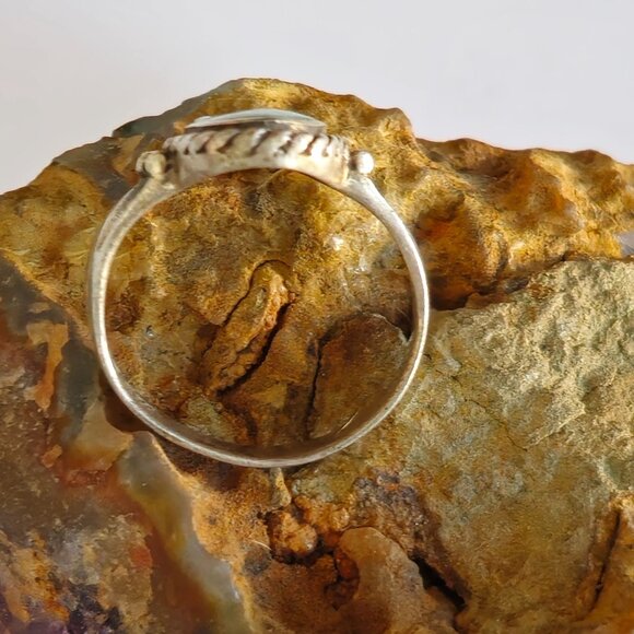 VTG CW Sterling Silver Oval Turquoise Ring Size 7 Rope Detail Split Shank Read - Picture 3 of 8